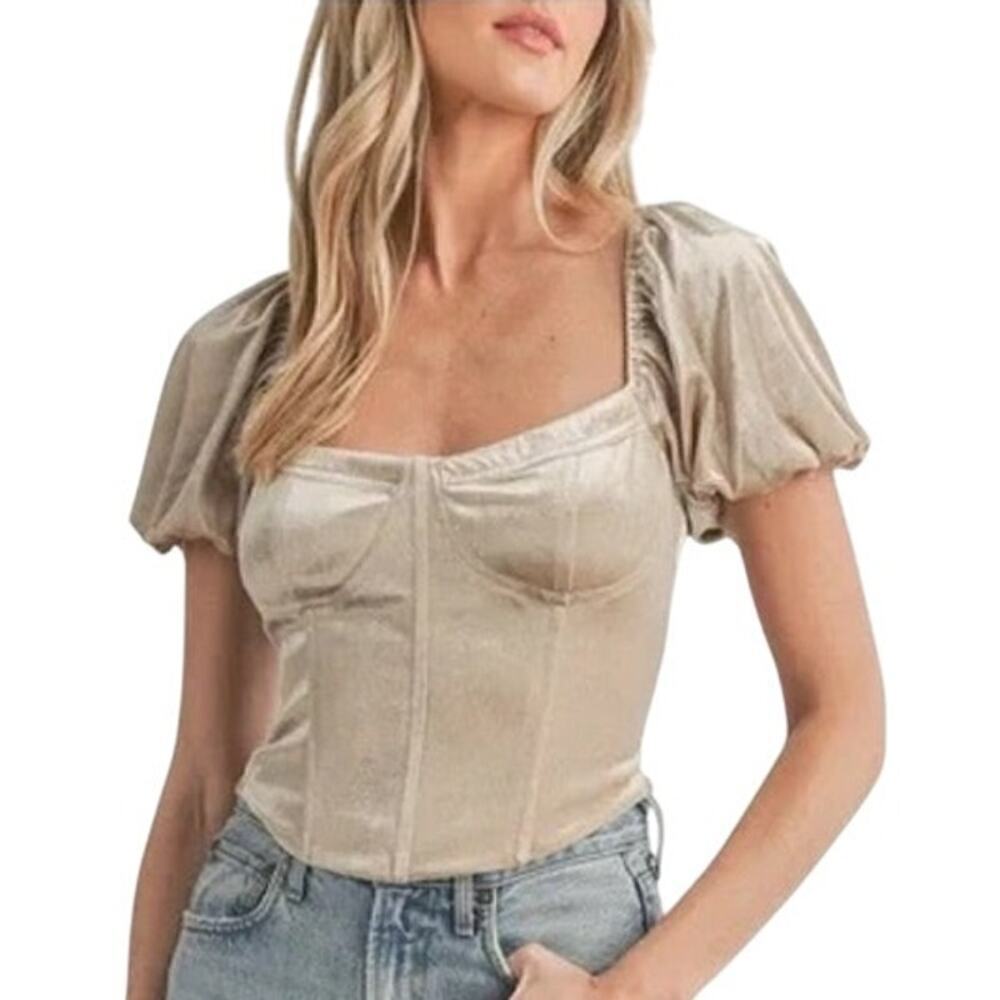 All in Favor Corset Top Velvet Puff Sleeve Crop Bustier Champagne NWT M